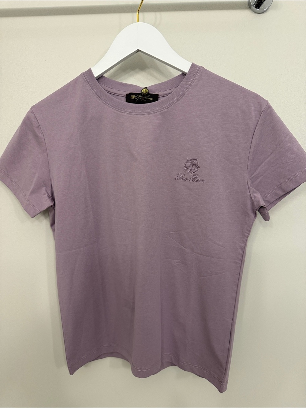 Loro Piana Lilac Short-Sleeve Crewneck Tee with Embroidered Crest